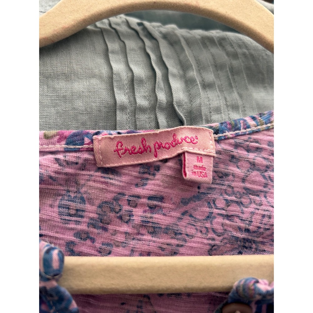 Fresh Produce‎ Pink Blue Floral Print Top Women's Medium Made in USA Boho Artsy - Picture 2 of 9